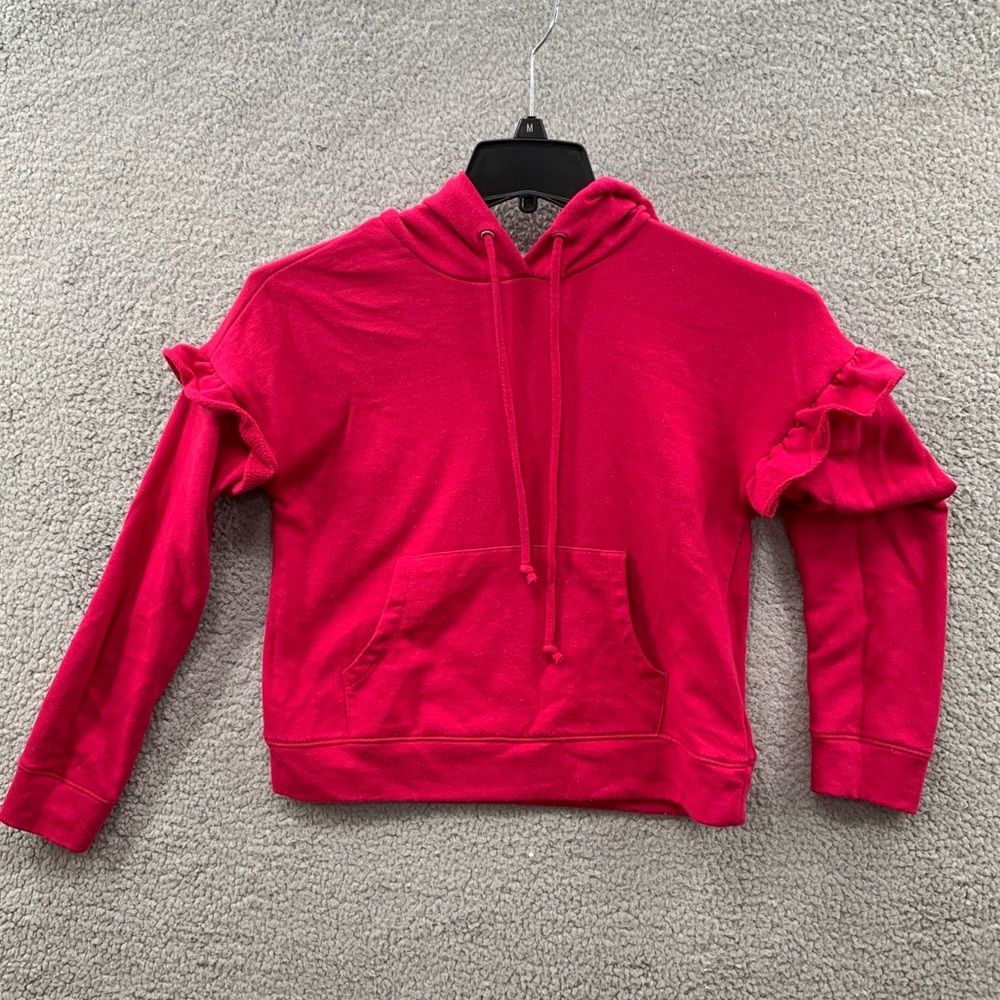 One Clothing Knit Cropped Long Sleeves Ruffle Hooded Hot Pink Sweater Size M